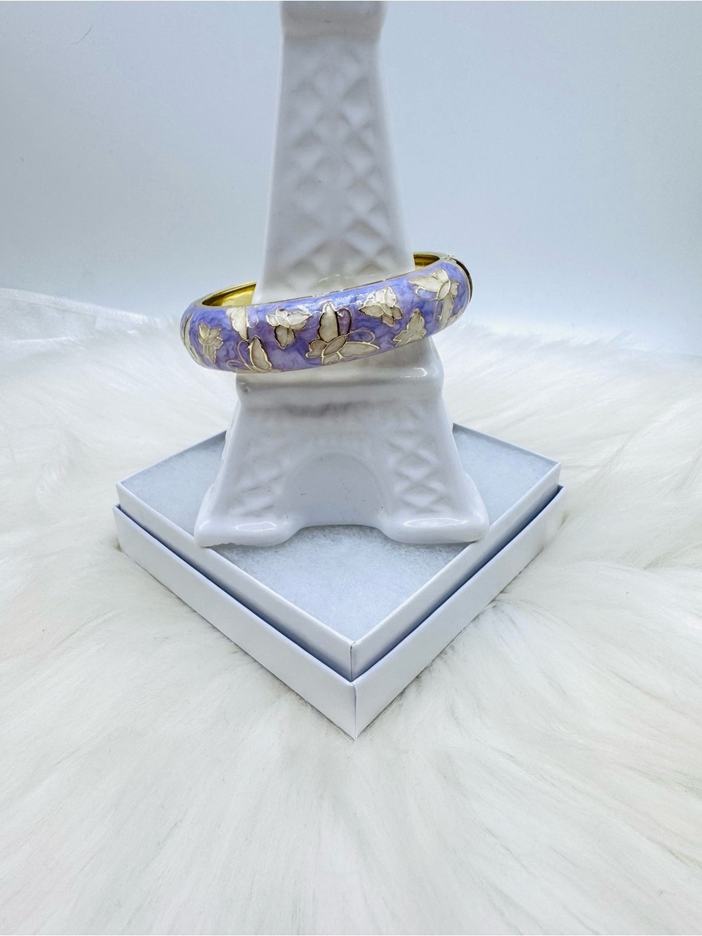 Lavender Floral Enamel Bangle Bracelet - Gold Accents